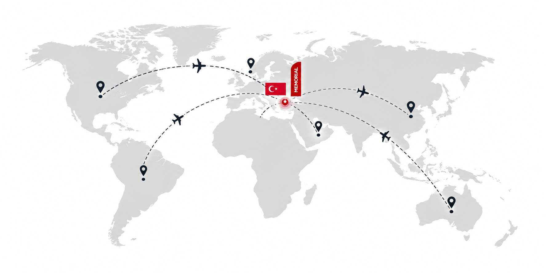 World map showing international patient routes to Memorial in Turkey